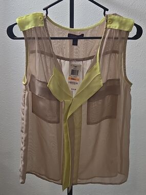Material Girl Sheer Beige Blouse with Lime Trim